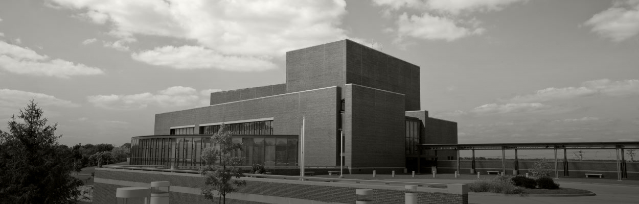 Black and white image of the Touhill Performing Arts Center exterior